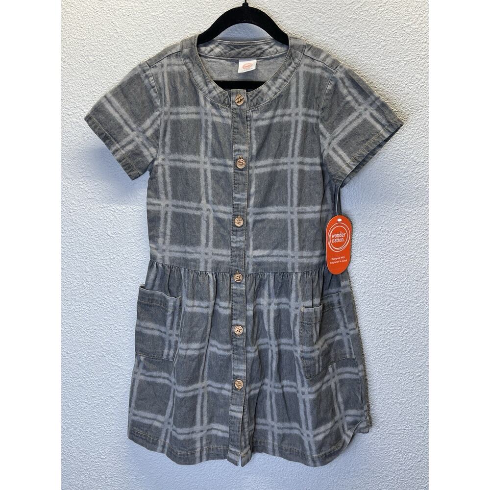 Wonder Nation Girls Dress Gray Plaid Button Front Short Sleeve Pockets Size 6-6X